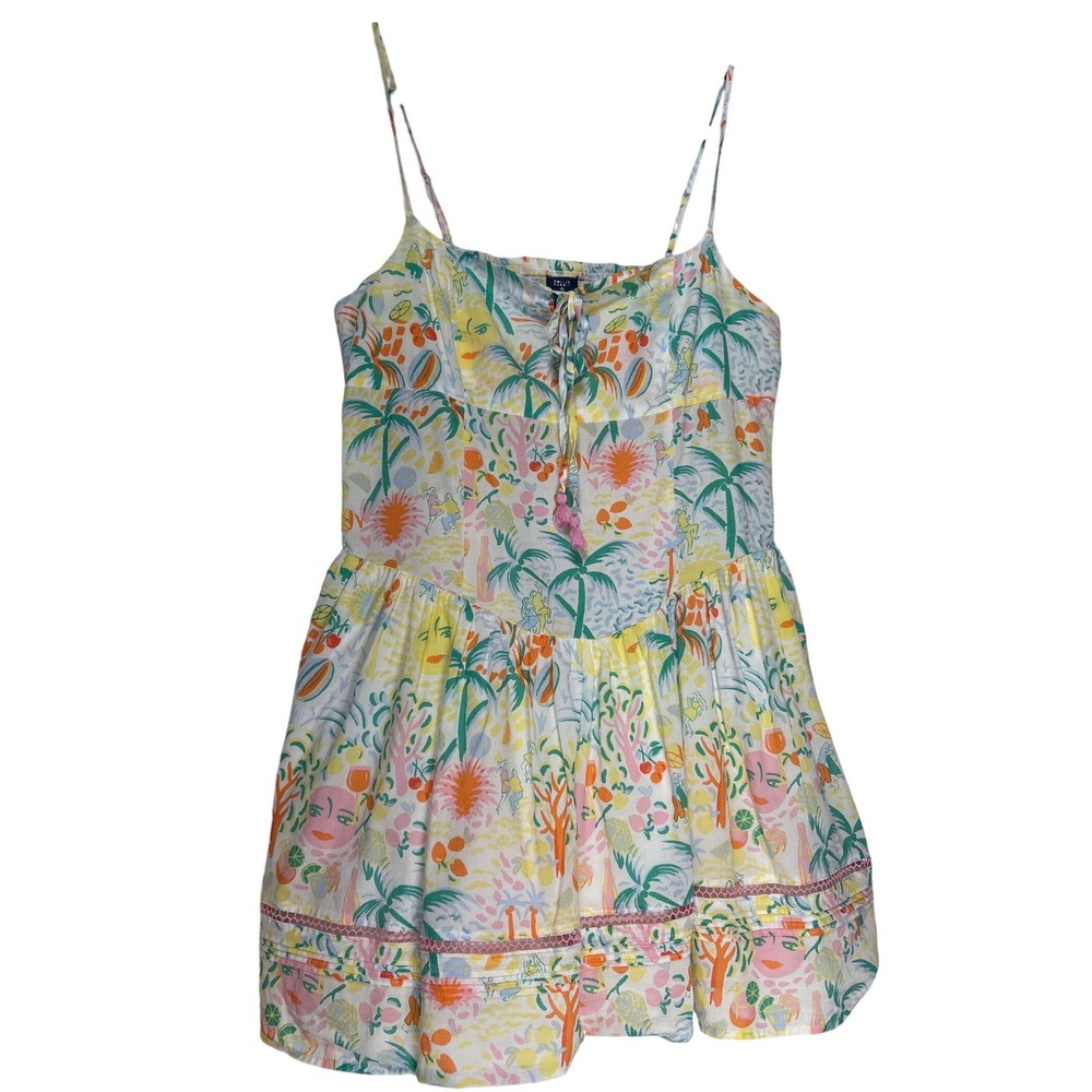 Roller Rabbit Vacation Print Drop Waist Mini‎ Dress Smocked Back Cotton Sz Large